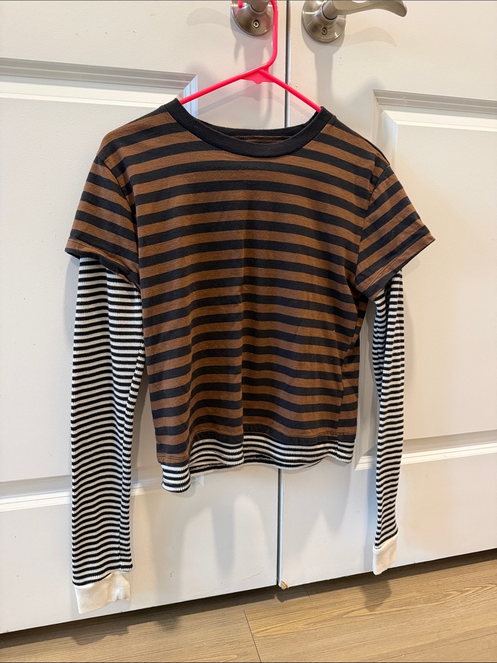 BDG Layered-Look Striped Long Sleeve Top in Brown & Black
